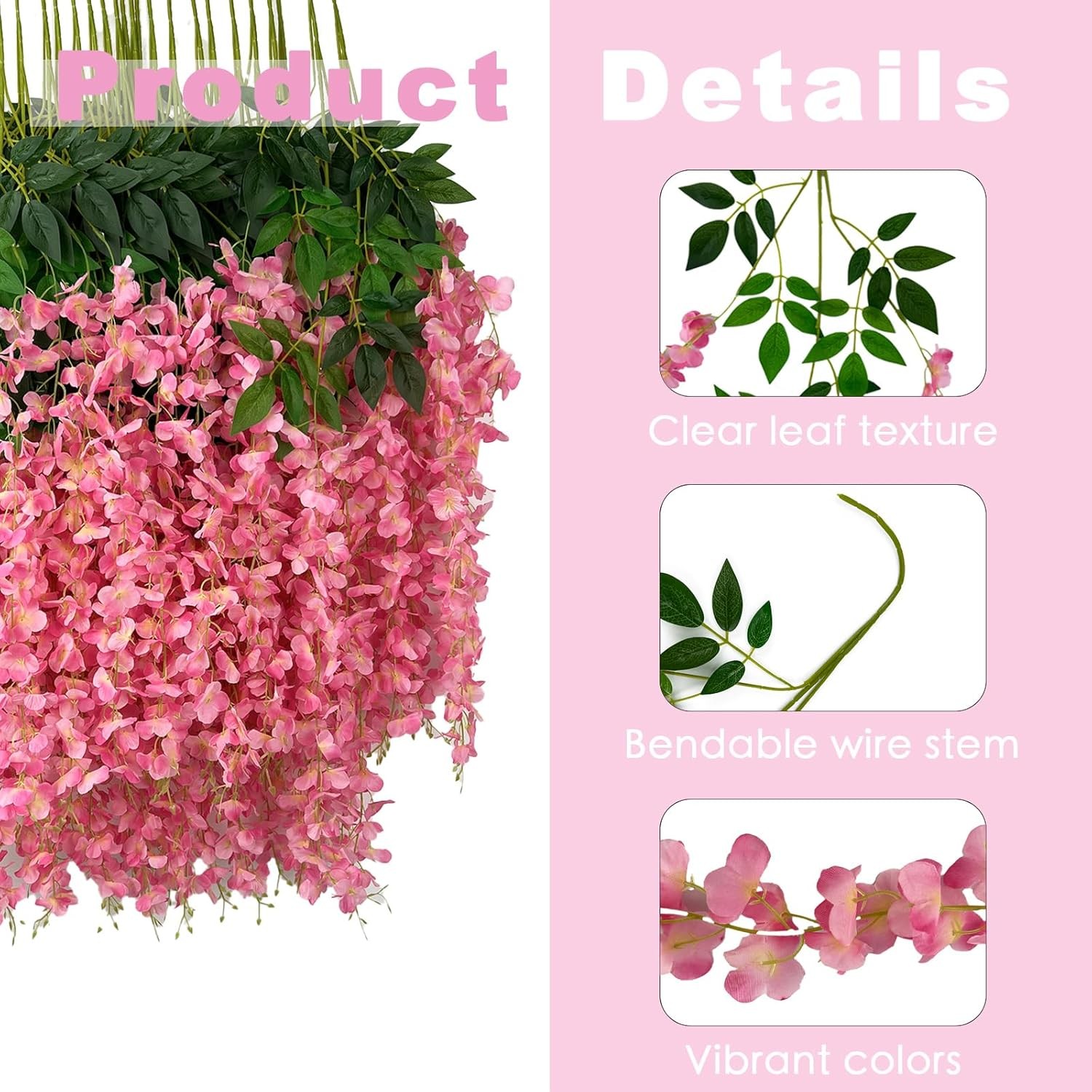 48 pcs artificial wisteria hanging flowers 3.75 ft pink strings