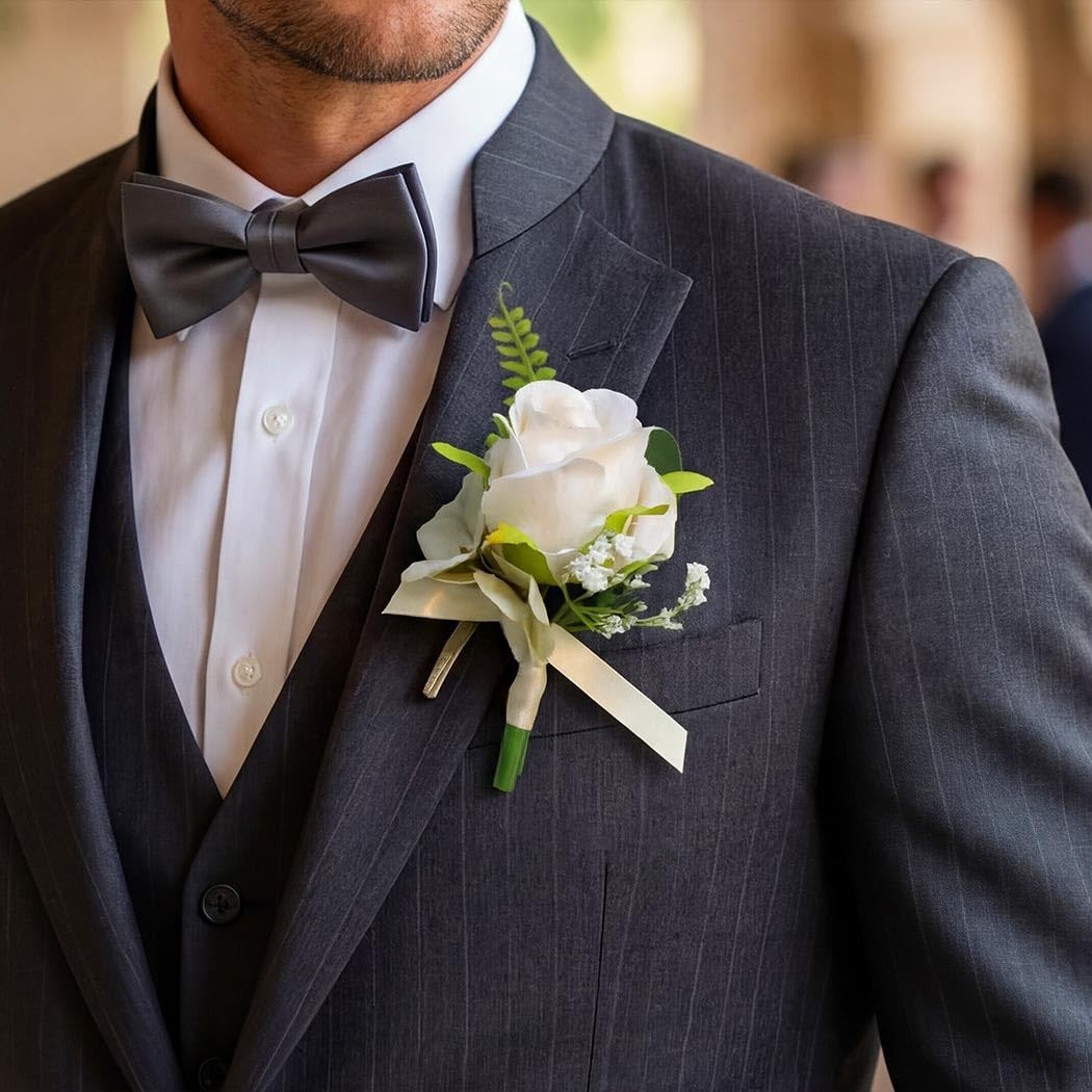 White Rose Artificial Flowers Boutonniere For Men Groom Wedding Prom