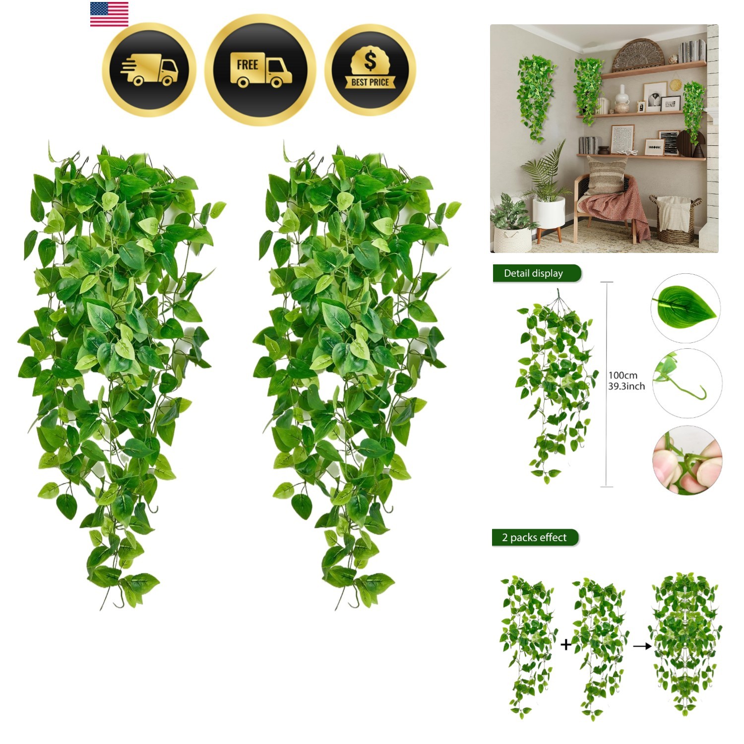 Fake Hanging Plants Vines2pcsfor Room Decor, Artificial Ivy Greenery Garlands…
