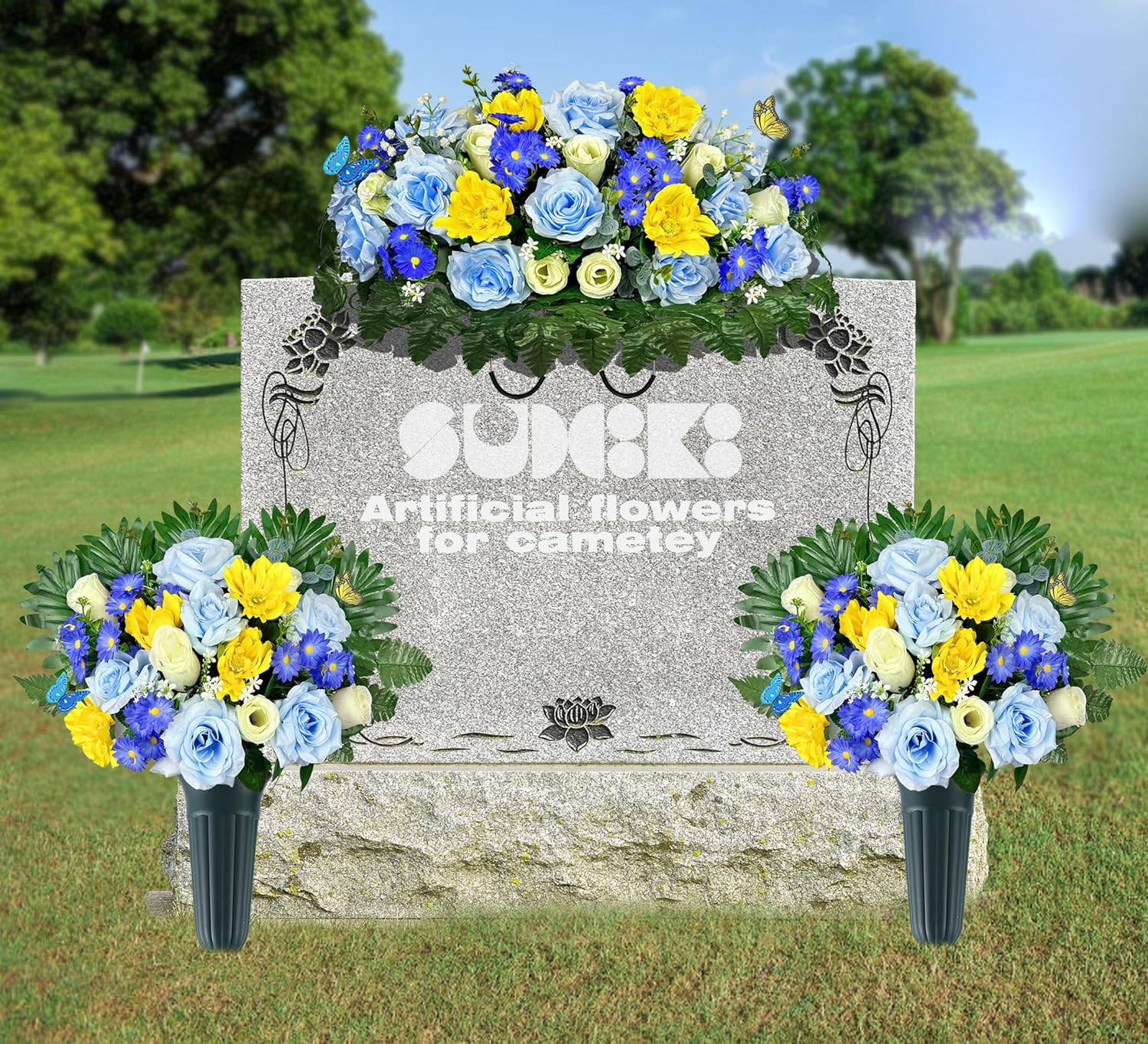 Elegant Silk Cemetery Flowers with Vases – Butterflies Included for Grave Decor