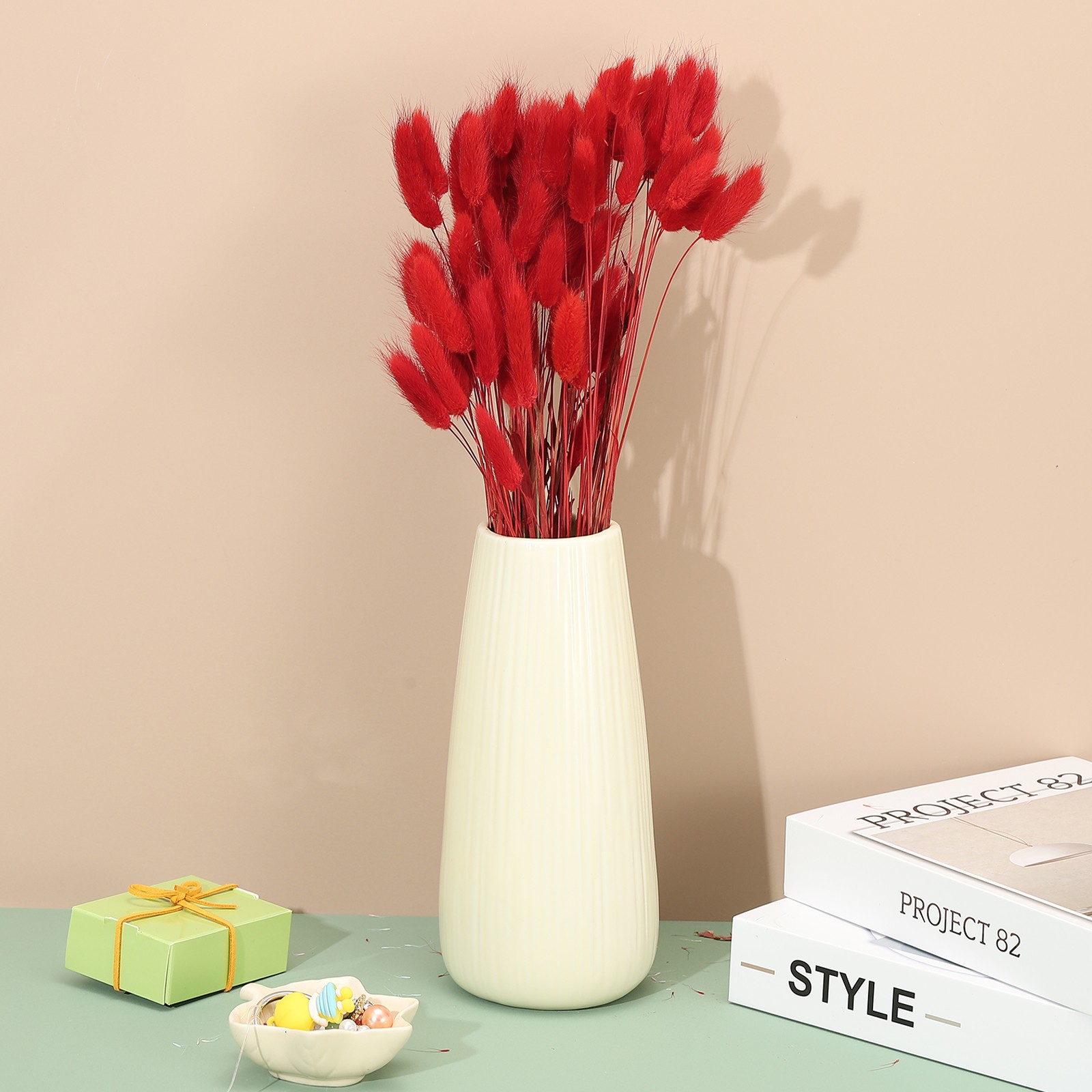 15.7in Bunny Tails Dried Flowers, 80pcs Pampas Grass Decor Rabbit Tail, Red