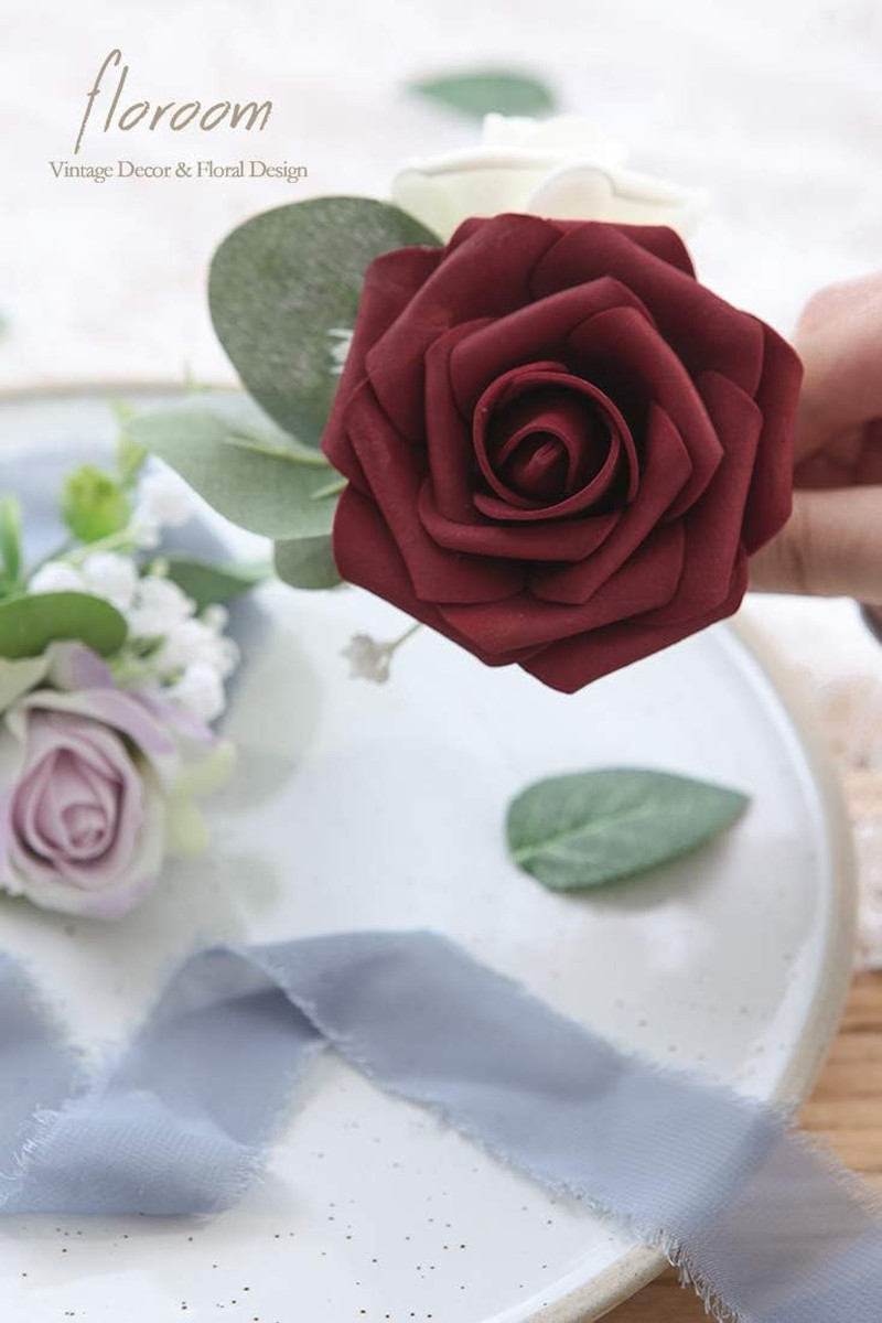 Artificial Flowers 25Pcs Real Looking Burgundy Foam Fake Roses with Stems for DI