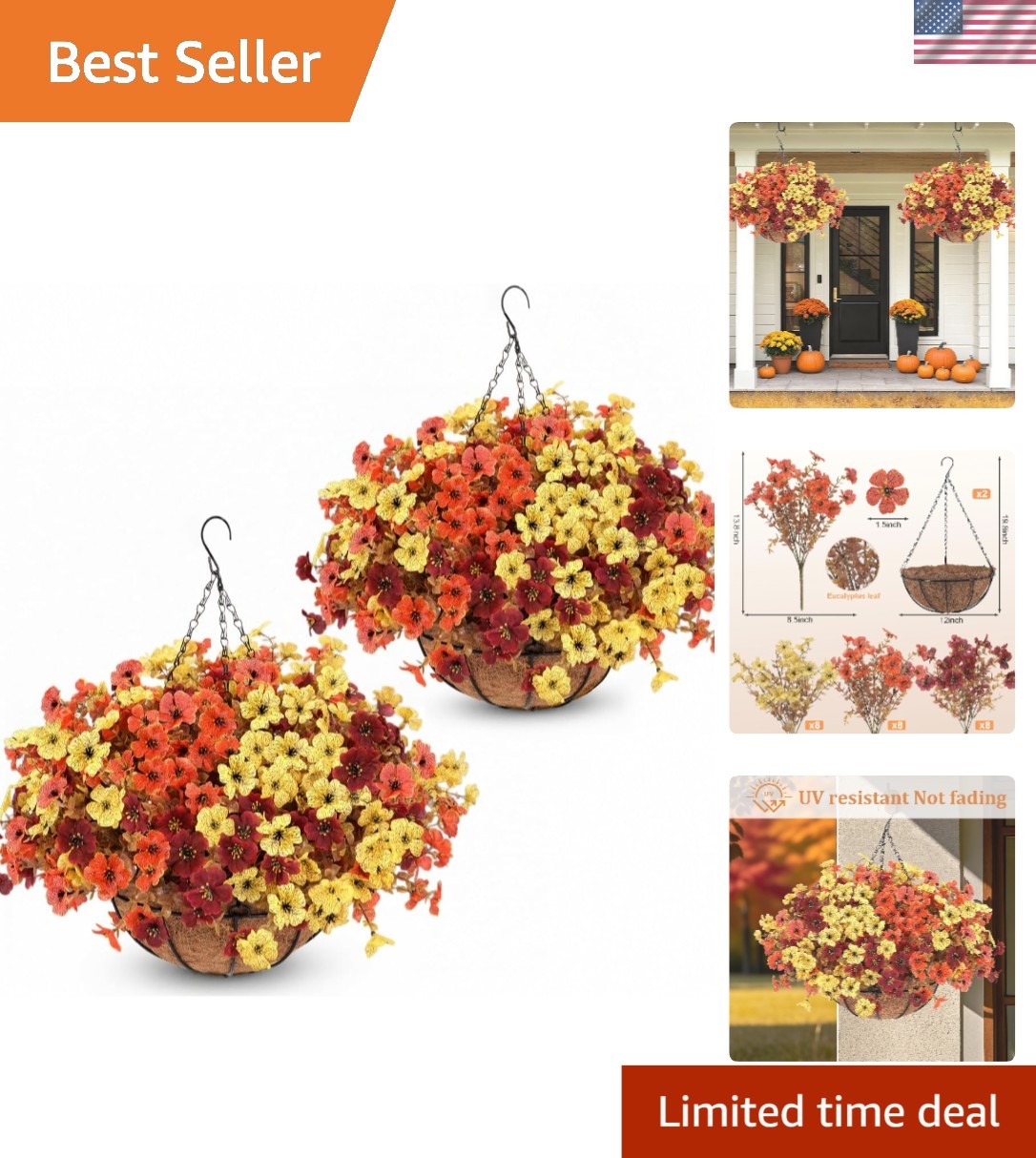 Mixed Color 2-Pack Artificial Hanging Baskets – Vibrant Fall Mums for Outdoors