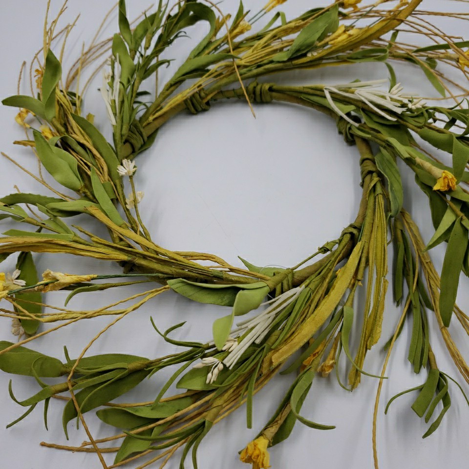 Primitive Floral Candle Ring Wreath Prairie Grass Yellow Flower Spring Summer 6″