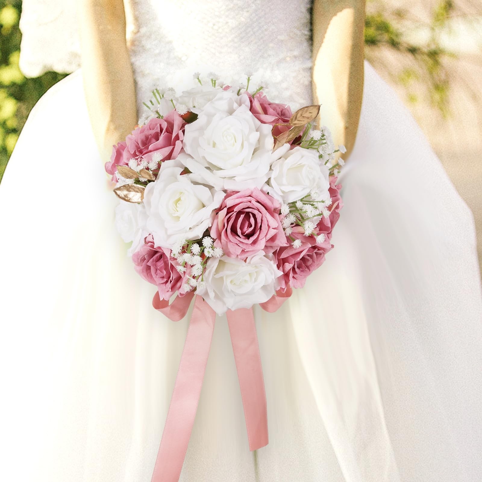 Wedding Bouquet For Bride Realistic Silk Artificial Roses White Pink 9 Inch