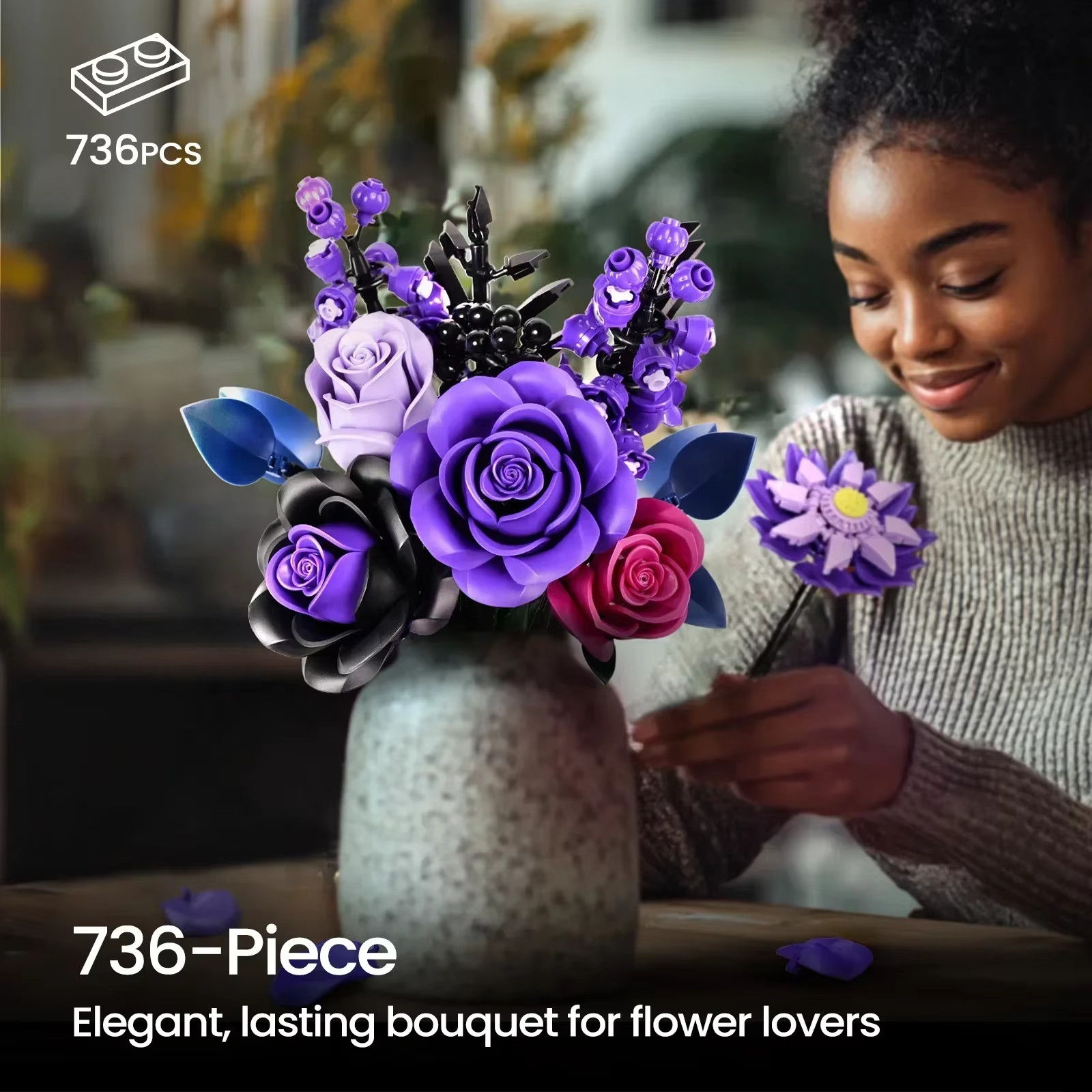 Purple Rose Botanical Building Block Set,Gothic Decor Artificial Rose Flower