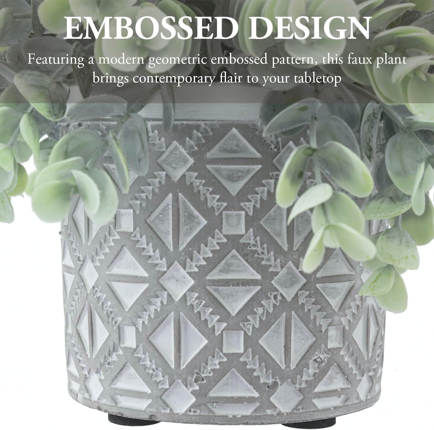 Geometric Embossed Concrete Planter – Artificial Potted Eucalyptus Boxwood Plant
