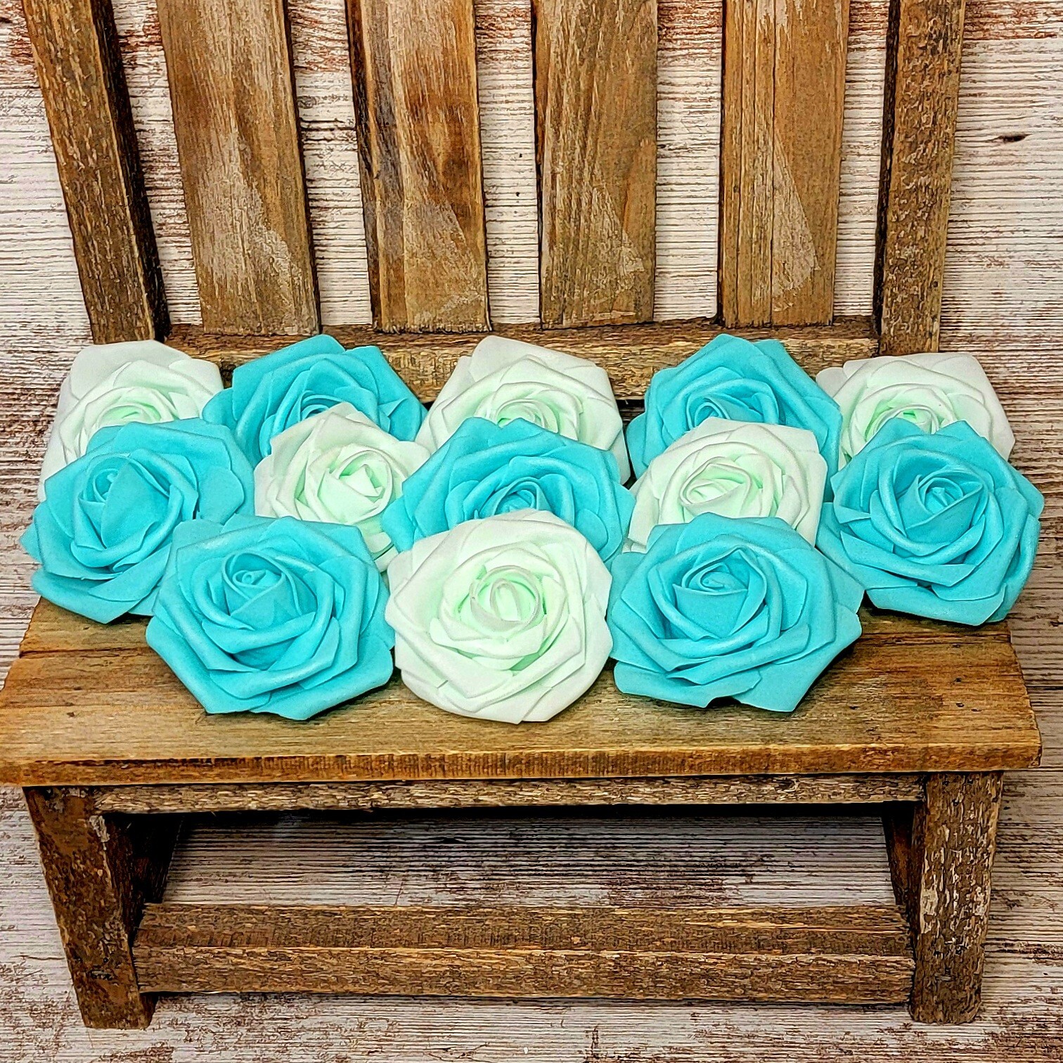 Three Teal Faux Roses with Stem for DIY Crafts, DIY & Party Decor, Tiered Trays
