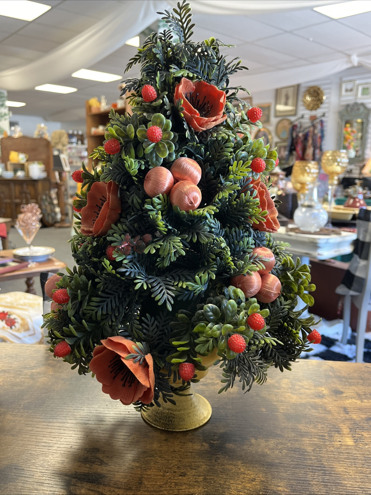 Vtg Mid-Century Plastic Floral Poppies Fruit Arrangement Centerpiece Xmas Tree
