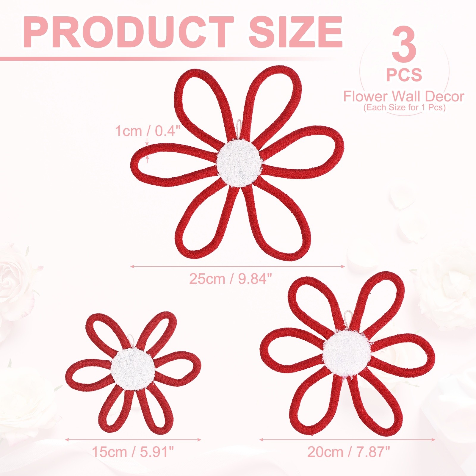 3Pcs Daisies Floral Wall Decor 3 Sizes Flower Art Decor Woven Macrame Bright Red