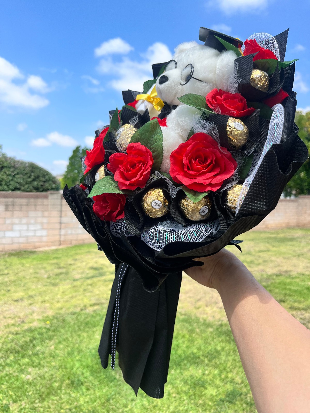 Graduation Bouquet with Teddy Bear, Ferrero Rocher & Red Roses