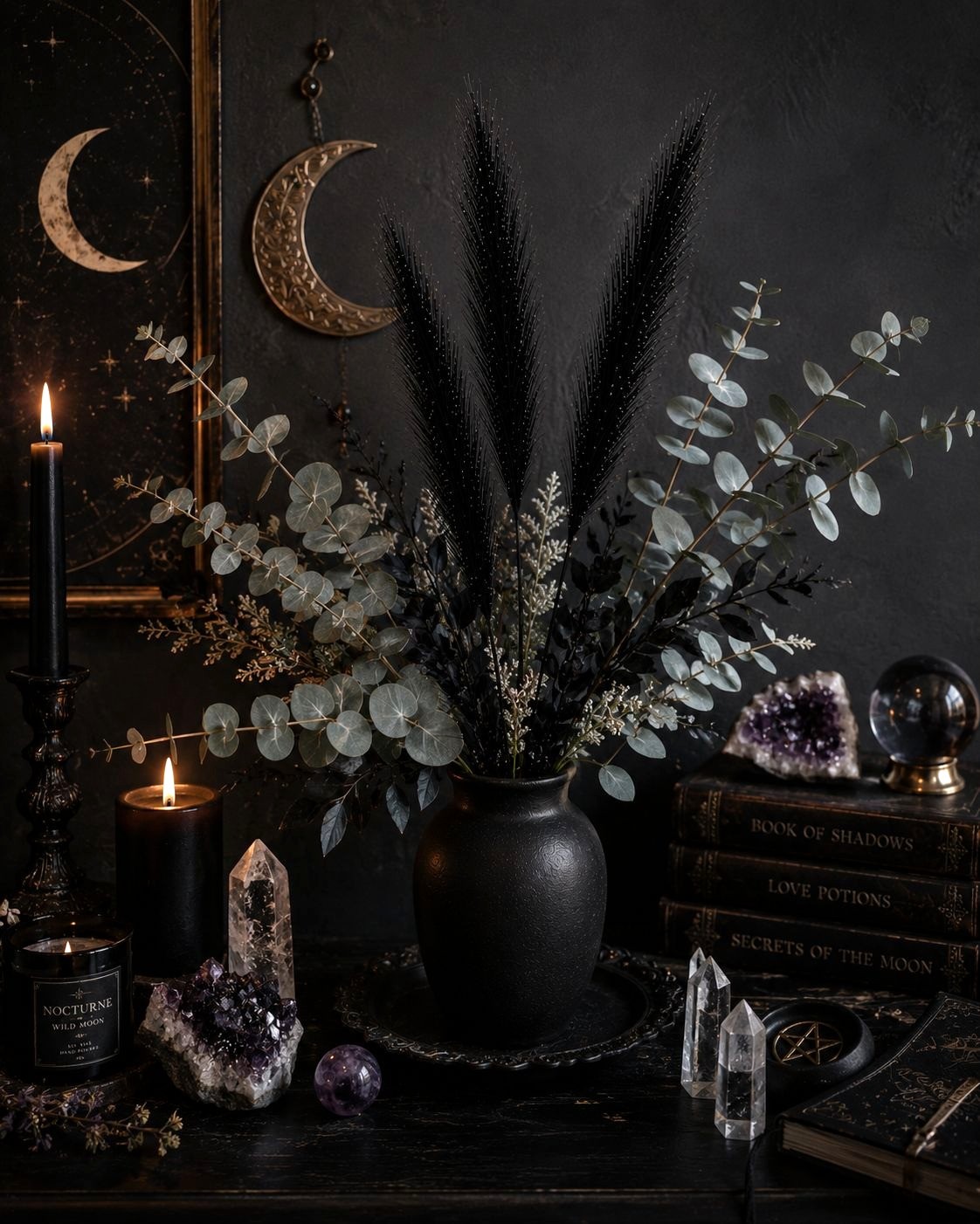 Black Pampas Grass Decor Set of 3 Faux Pampas Stems Gothic Decor Dark Academia H