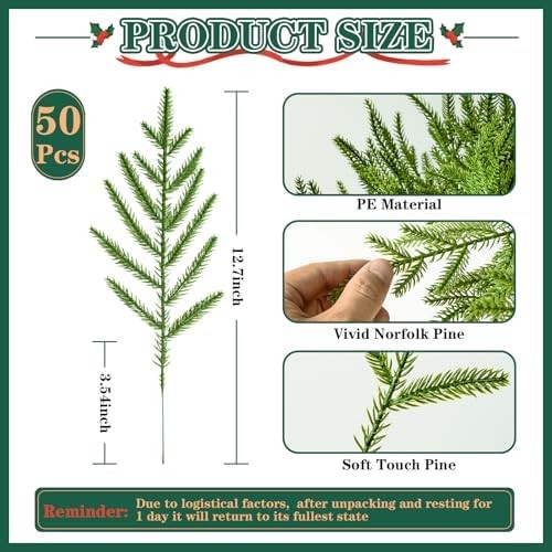 50 Pcs Artificial Norfolk Pine Stems, Real Touch Faux Greenery Picks for DIY Wre