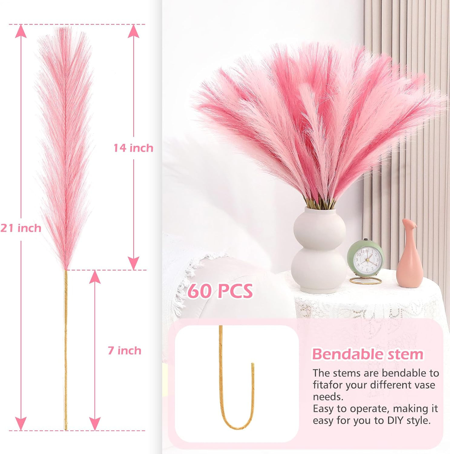 60 Pcs Pampas Grass Decor 21.7 Inch Faux Pink Pampas Grass Bulk Artificial Dried