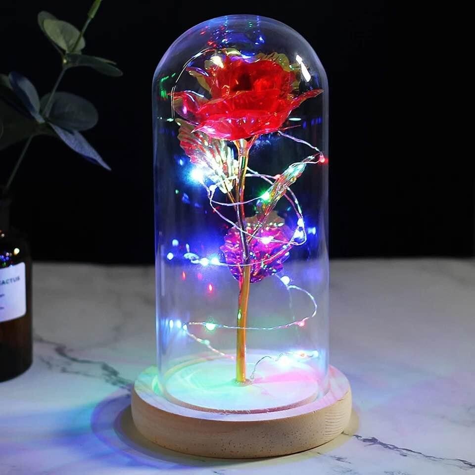 LED Galaxy Rose Flower in Glass Dome Valentine’s Day Girlfriend Gifts