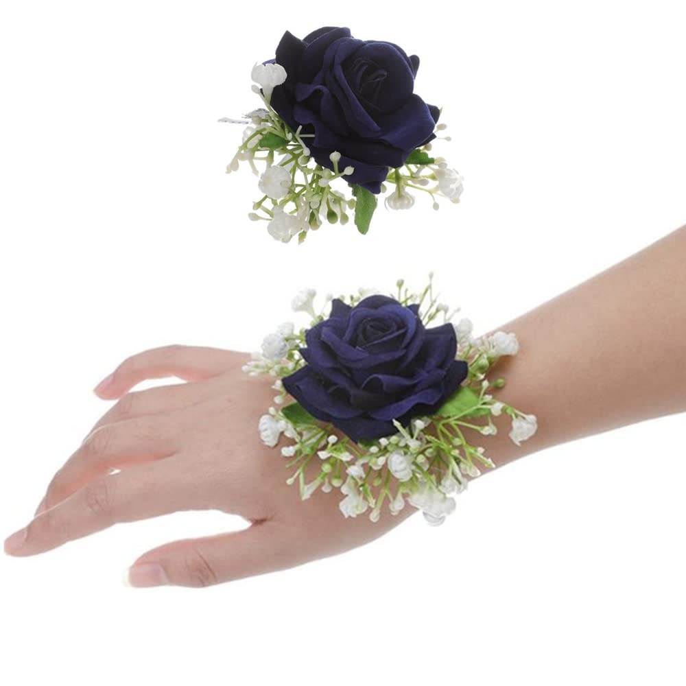 2 PCS Artificial Rose Wrist Corsage Boutonniere Set Wedding Bridal Dark Blue