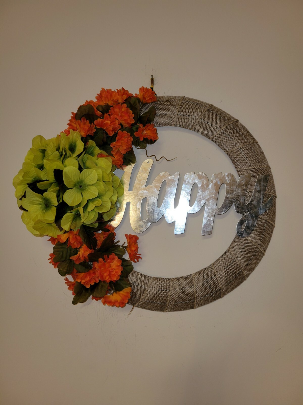 HAPPY Hydrangeas Mum burlap WREATH FALL autumn Decor Front Door 15″ orange green