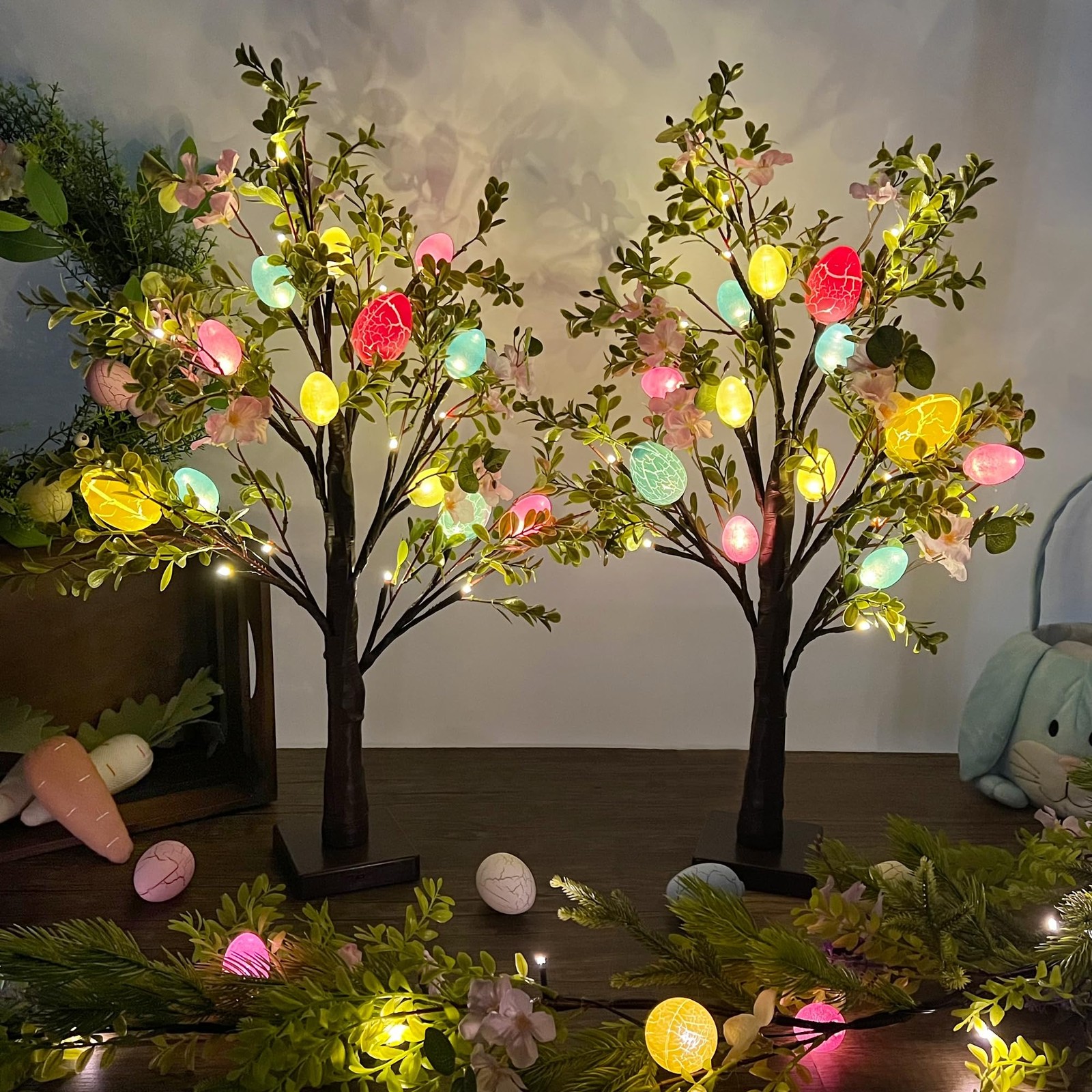 Easter Decor Set of 2 Lighted 24 Inch Artificial Tree with Easter Eggs & Colorfu