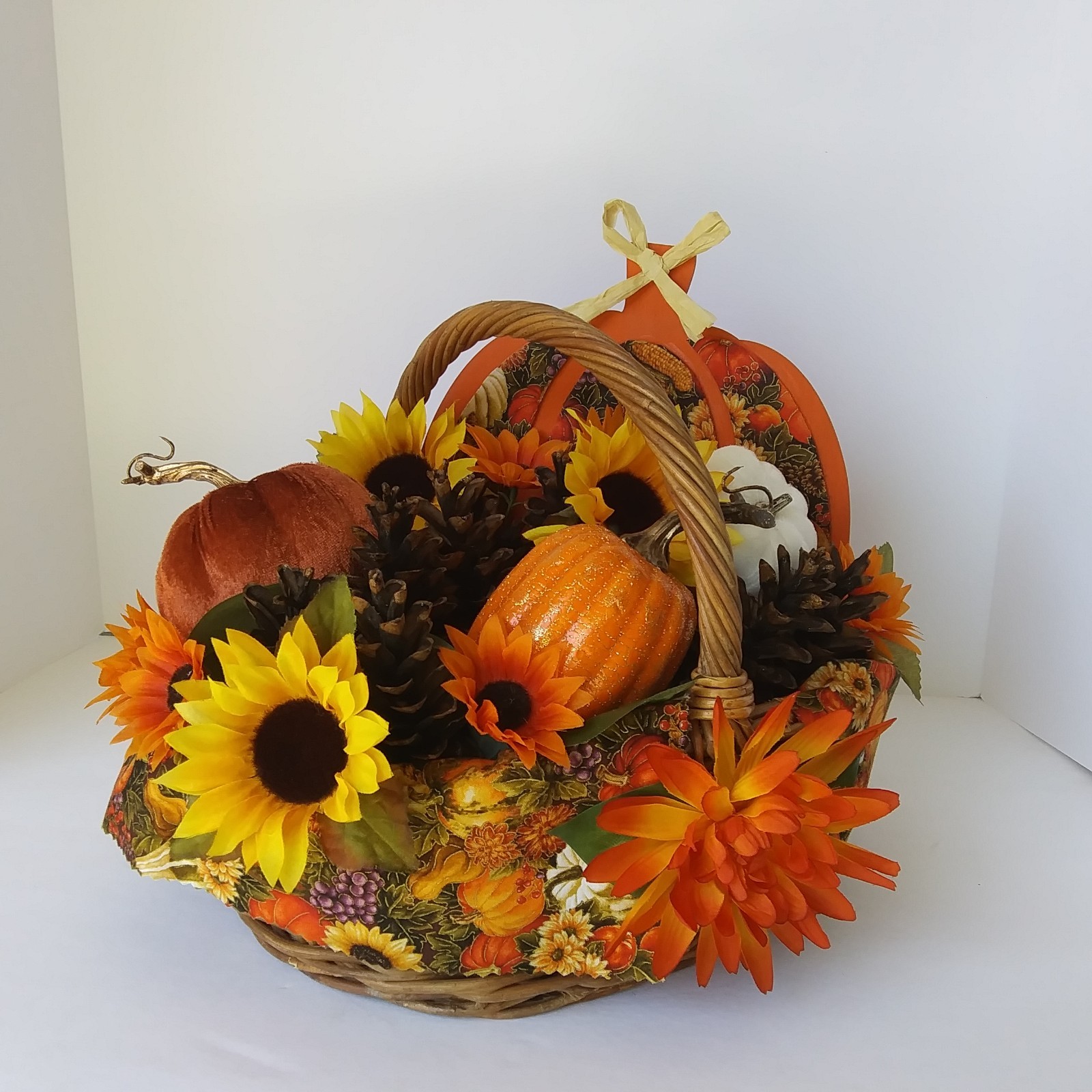 Fall Harvest Basket Centerpiece Sunflowers Pumpkins Pinecones Autumn Décor