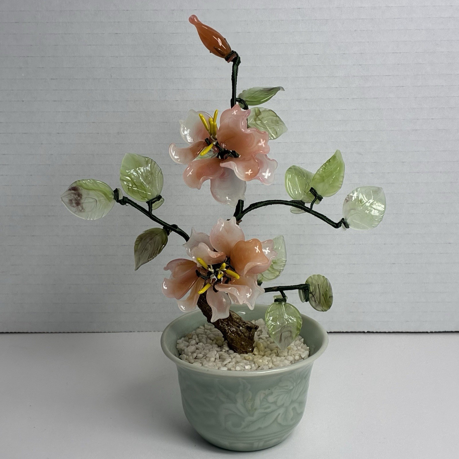 Vintage Glass Bonsai Flowering Tree In Decorative Pot -Pink Flowers Approx 9”