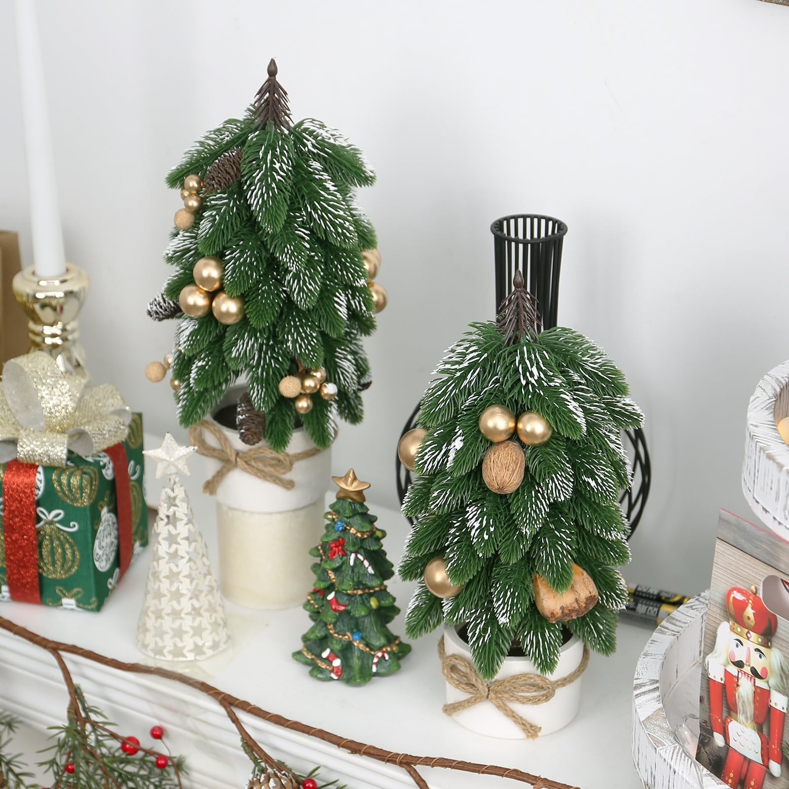 2 PCS Artificial Gold Berry Pinecone Small Mini Tabletop Christmas Tree Holiday