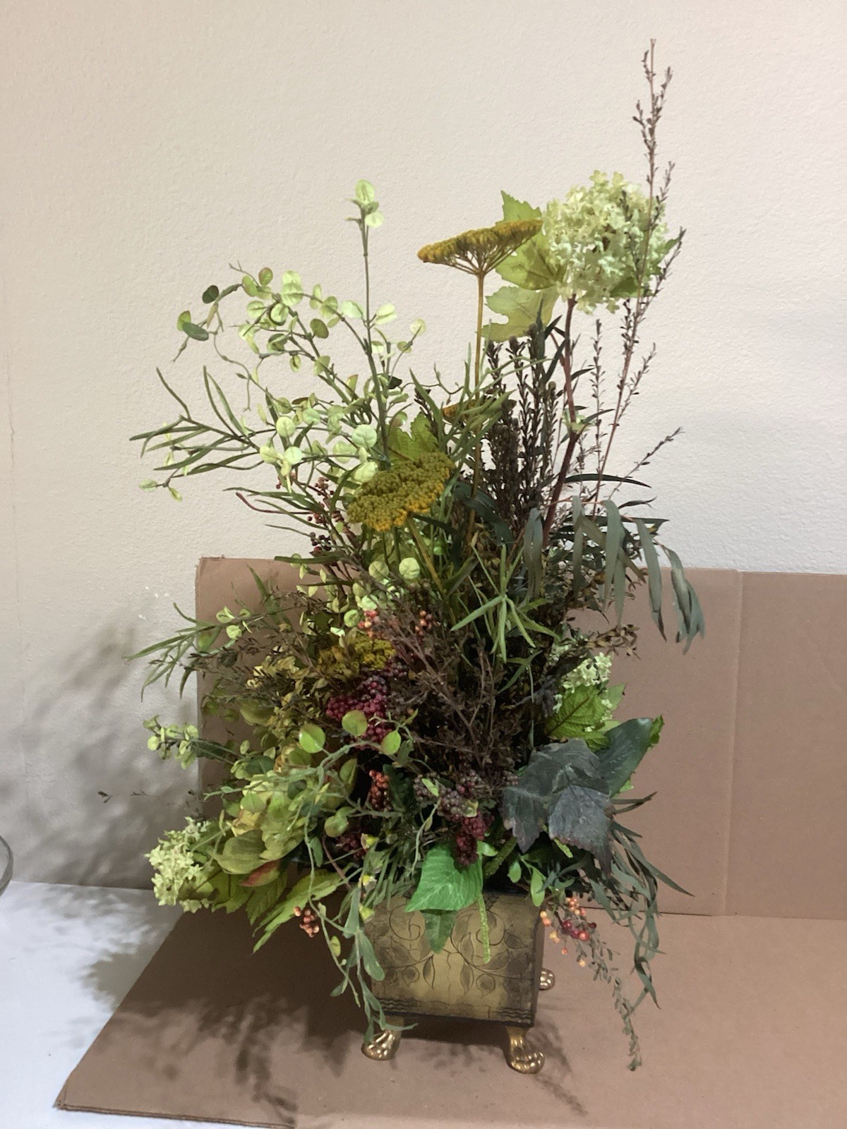 HUGE Artificial Faux Flowers TOLE Vase Silk Flower Arrangement Table Centerpiece