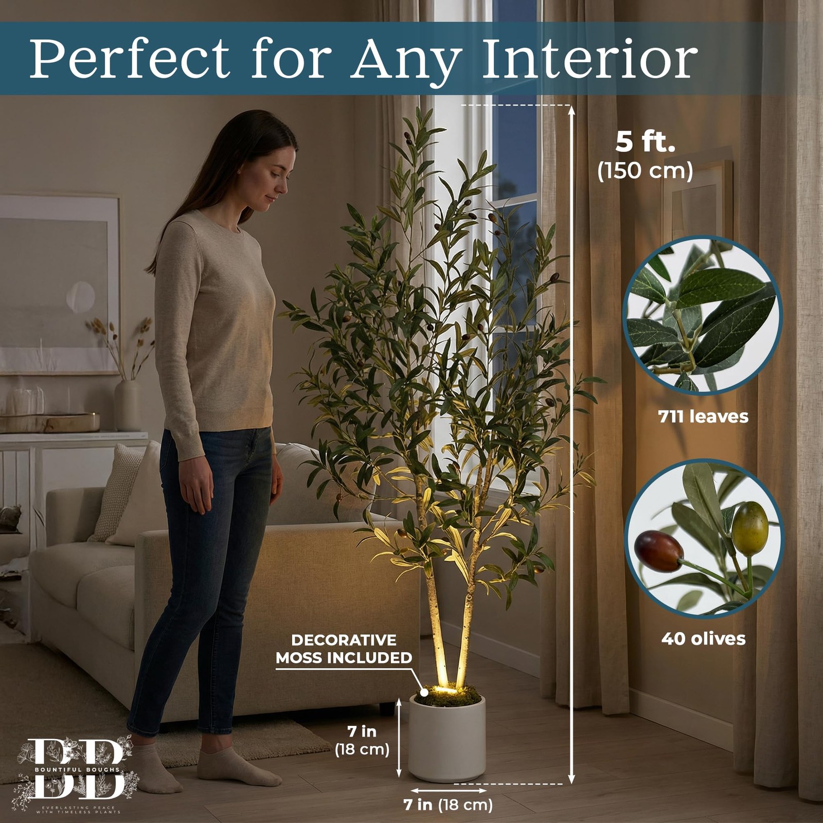 5ft (150 cm) Artificial Olive Tree with White Pot, Moss & USB LED – 711 Leave…