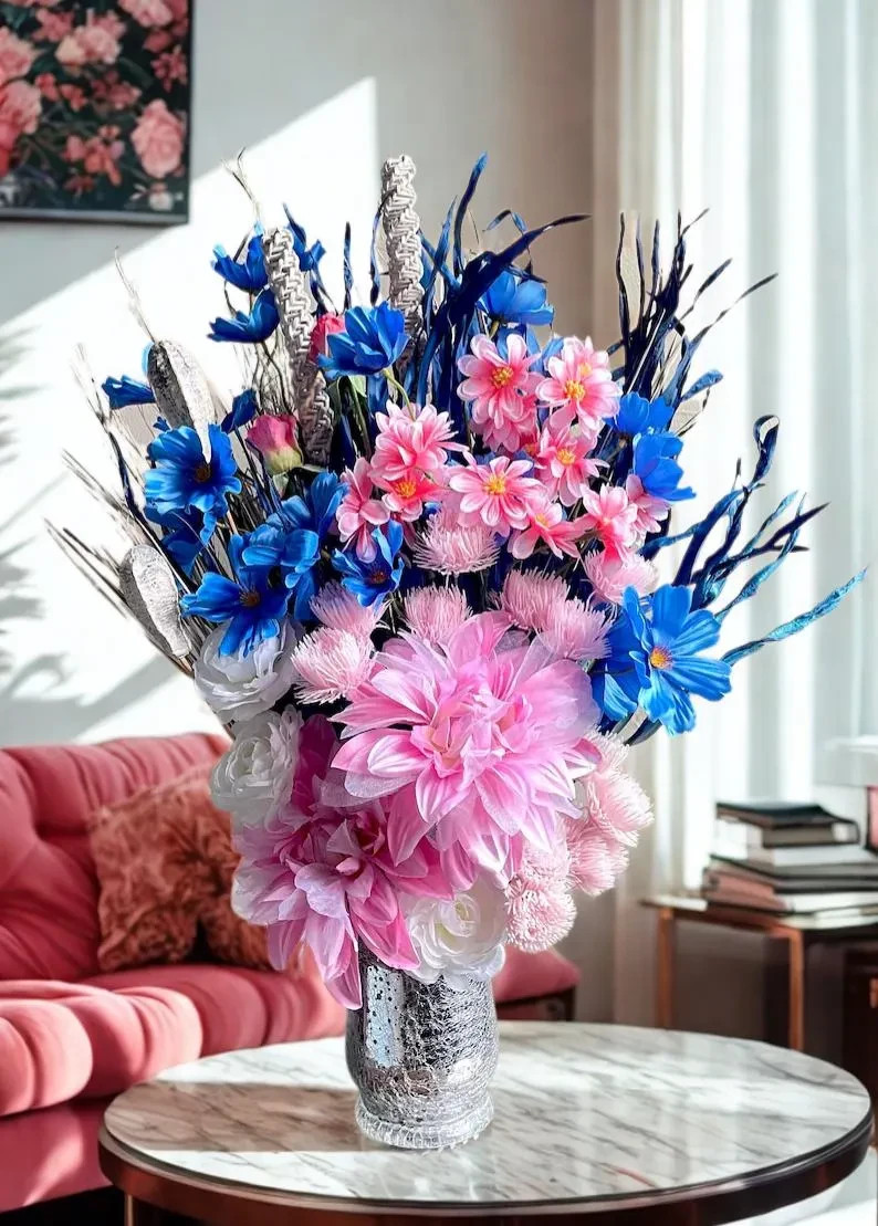Blue & Pink Centerpiece Modern Chic Living Dining Room Decor Bedroom Accent