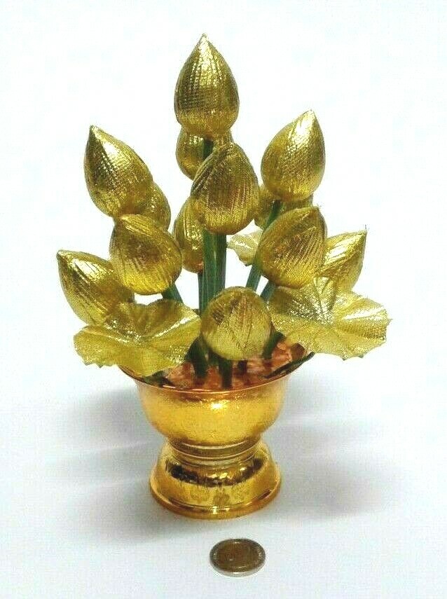 Thai Buddha Worship Phan Dhog Silver&Gold Lotus Offering Pedestal Small 2Pcs DHL