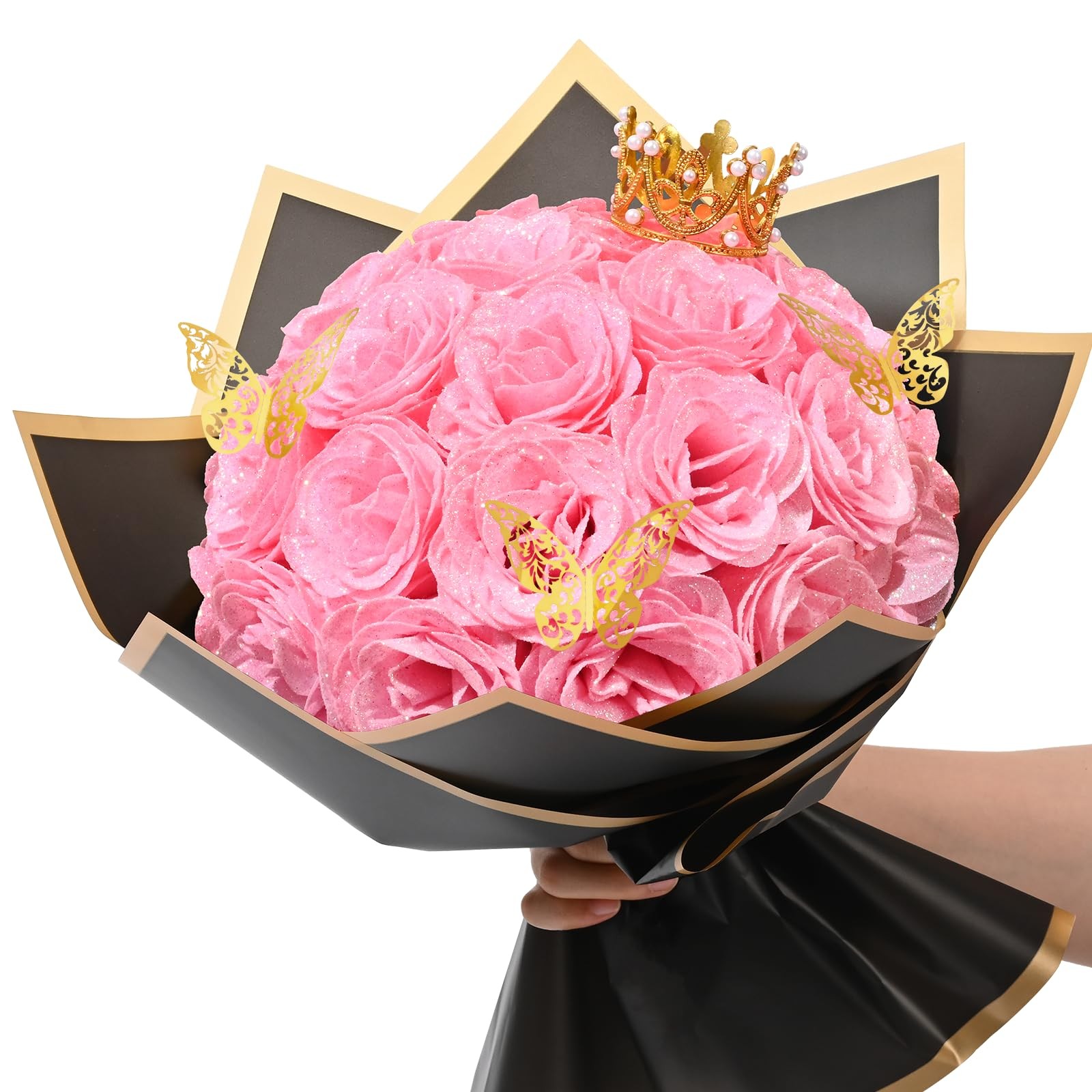 Pink Glitter Roses Bouquet DIY Fake Flowers Bouquet Artificial Rose Bouquet f…