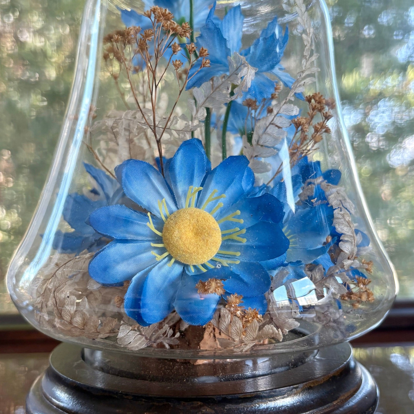Vintage Glass Bell Jar Dome with Blue Floral Arrangement on Wood Base