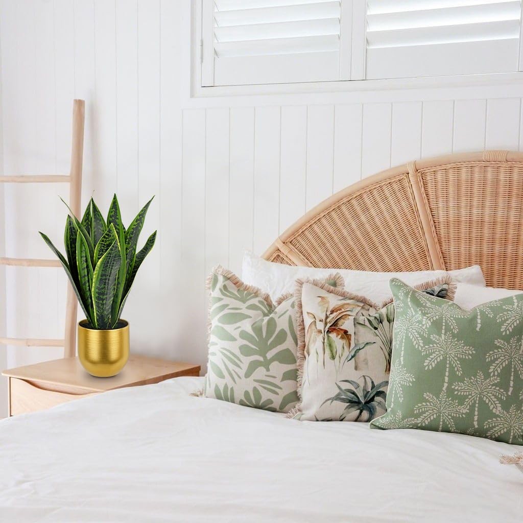 17 Inch Artificial Snake Plant In Gold Pot Faux Tropical Sansevieria Silk