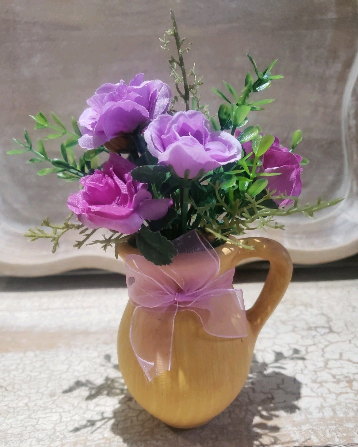 Purple Greenery Floral Arrangement Table Home Decor Pottery Pitcher 7″ TALL