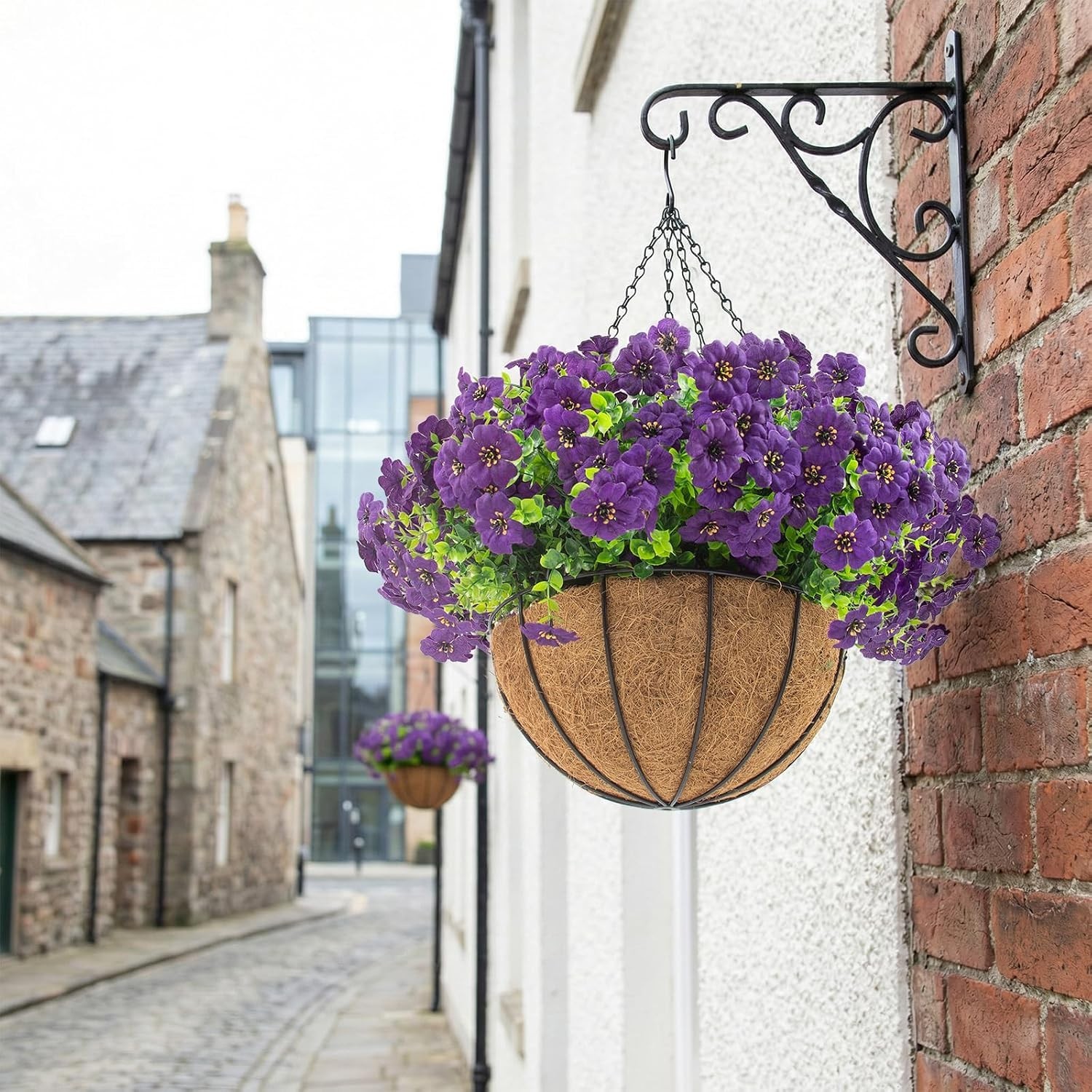 Vibrant Purple Artificial Outdoor Flower Baskets – Low Maintenance -Round Decor