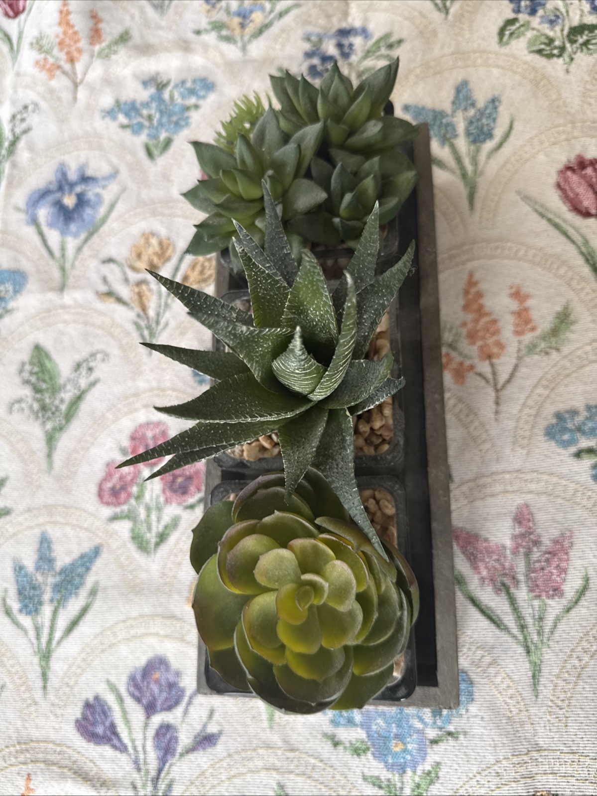 Artificial Succulents In Three Glass Containers Glued In Wooden Box