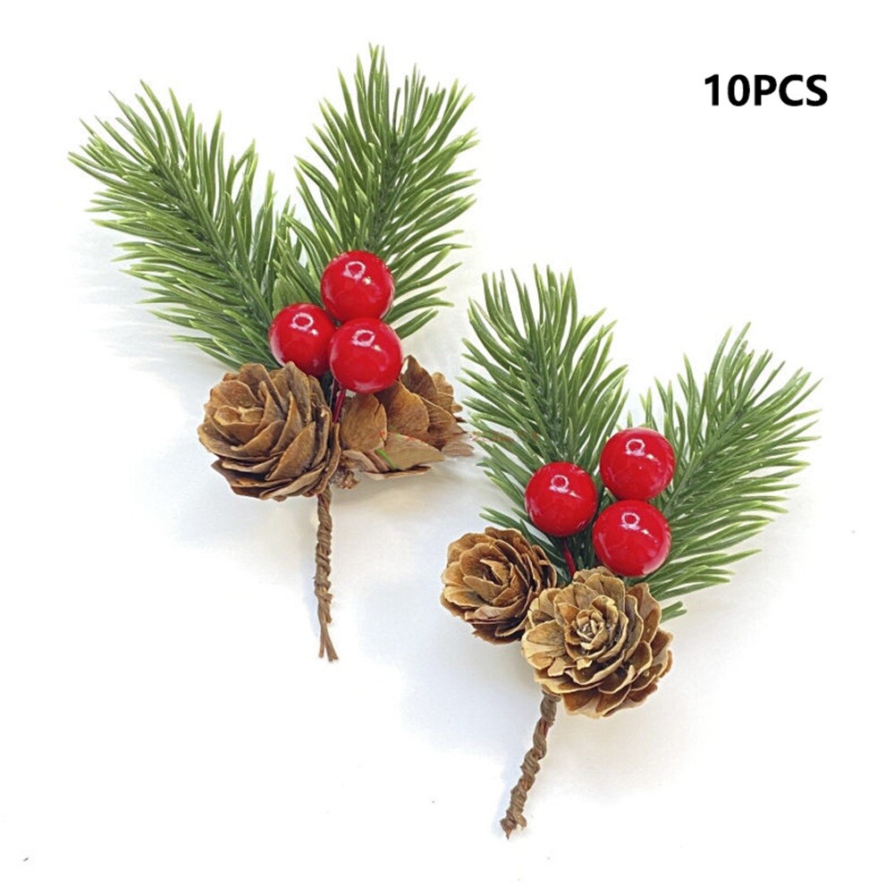 10Pcs Christmas Artificial Pine Branches with Leaves Red Holly Berries Craft DIY