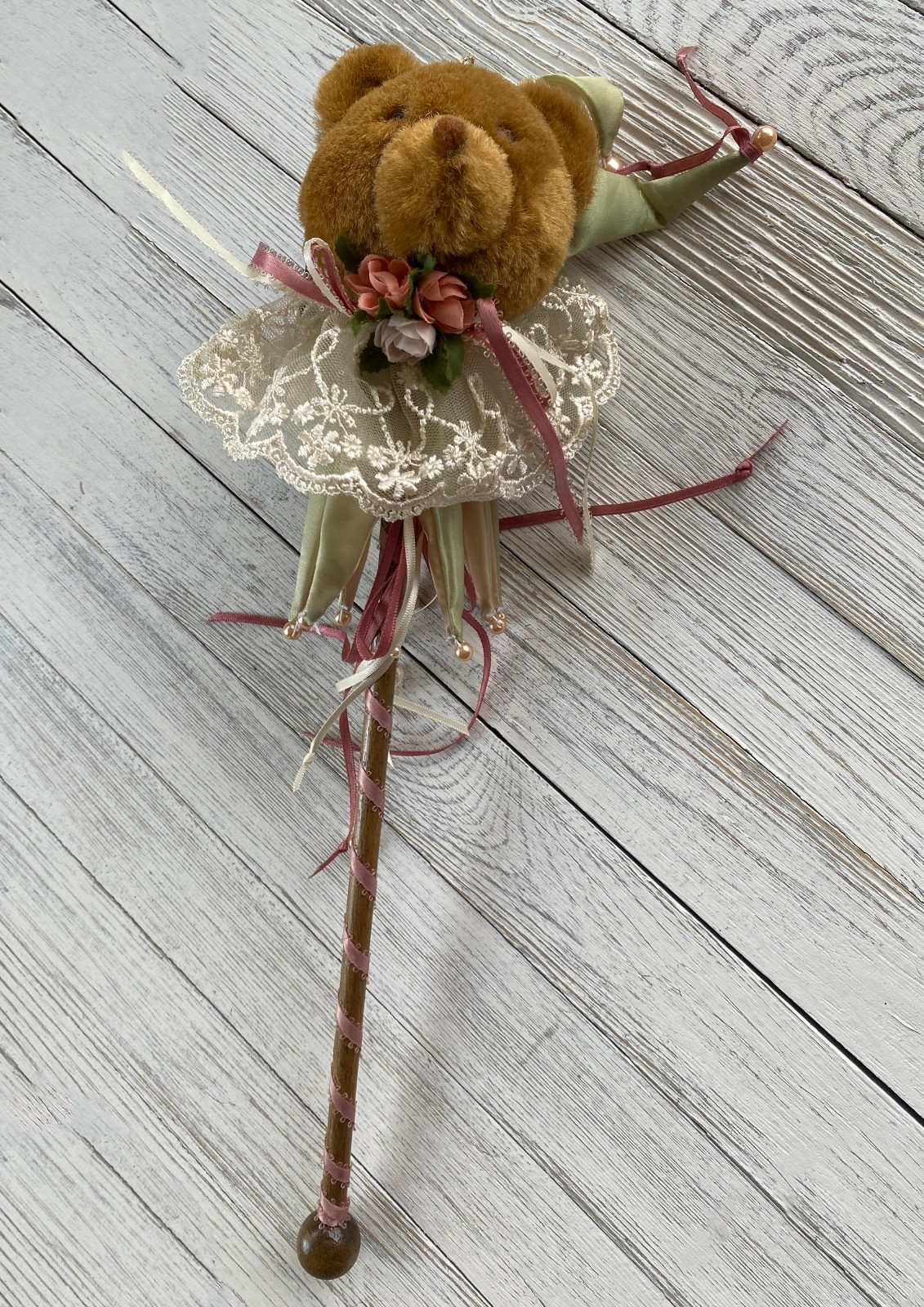 Fancy Teddy Bear with Ribbons, Lace, Flowers on a Stick ~ Unique Wall Decor