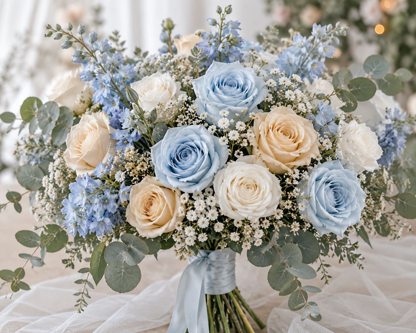 Set of 6 Artificial Light Blue Rose Stems 20 Inch Faux Roses Dusty Blue Wedding