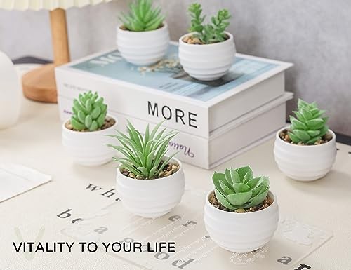 6 Pack Mini Fake Succulent Plants in White Pots Artificial Faux Greenery Decor