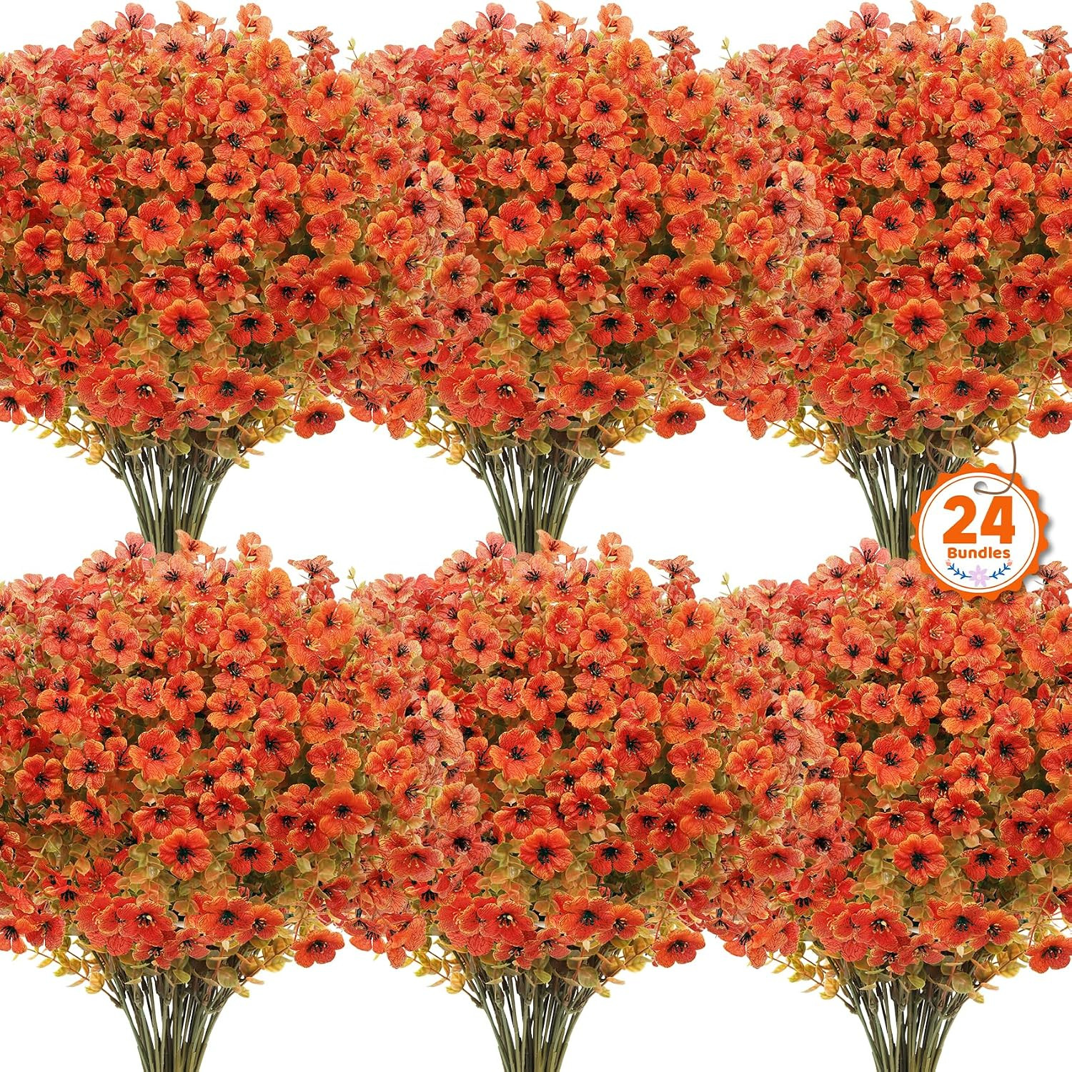 24 Pcs Artificial Fall Flowers, Fake Mums Outdoors, Fall Orange | Lifelike Faux