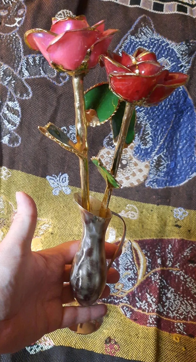 Lot Set 2 Gilded Metallic Roses Dipped In Ikora Mid-Century Vase Retro Decor