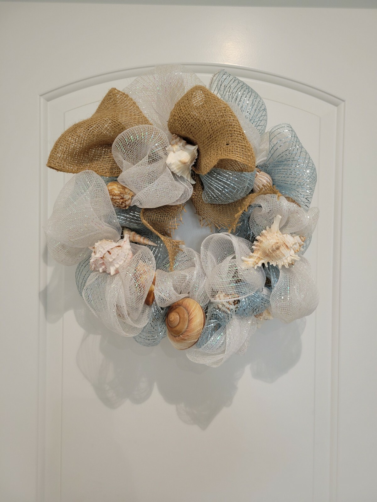 Beautiful Romantic shimmery ribbon SeaShell Wreath 16″ Coastal beach house decor
