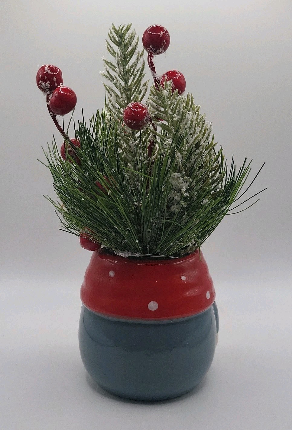 Artificial Christmas Pine & Berry Arrangement w/ Ceramic Santa Gnome 8 Inch