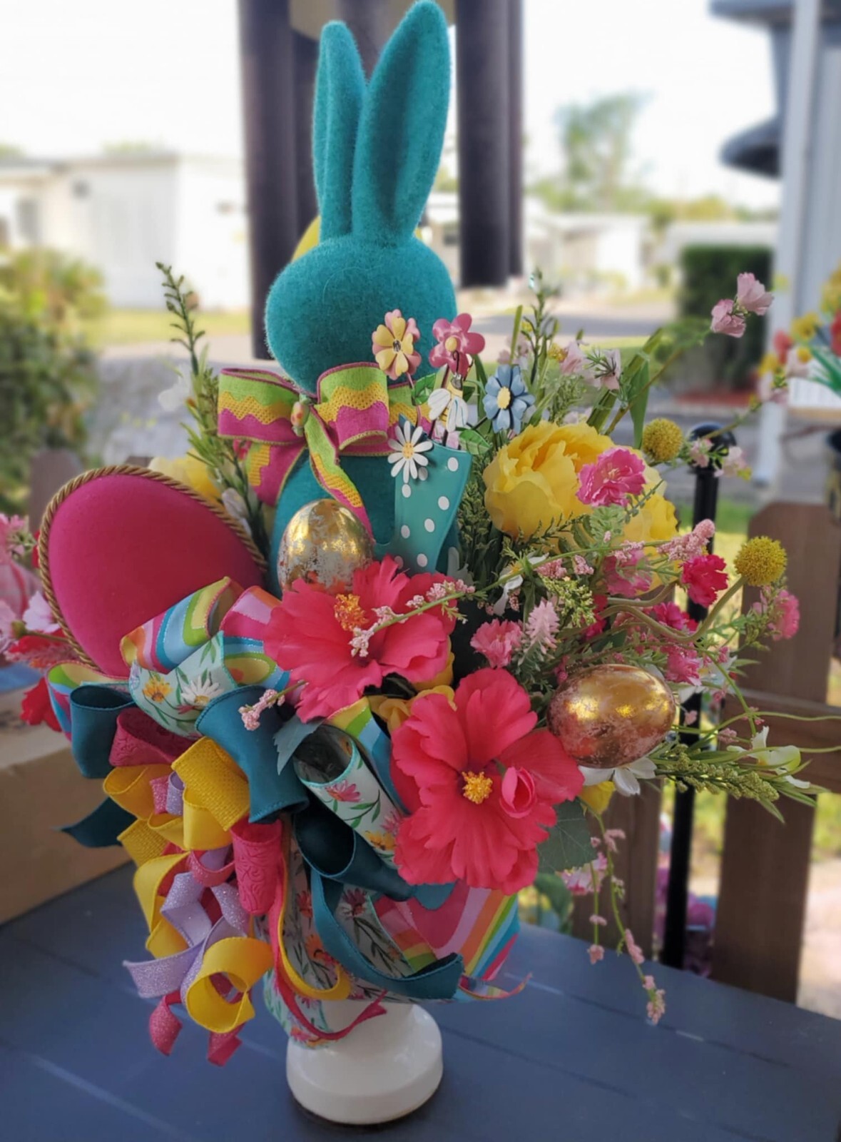 Large 25″ Bright Hot Pink Teal Yellow Bunny Spring Easter Pedestal Floral Decor