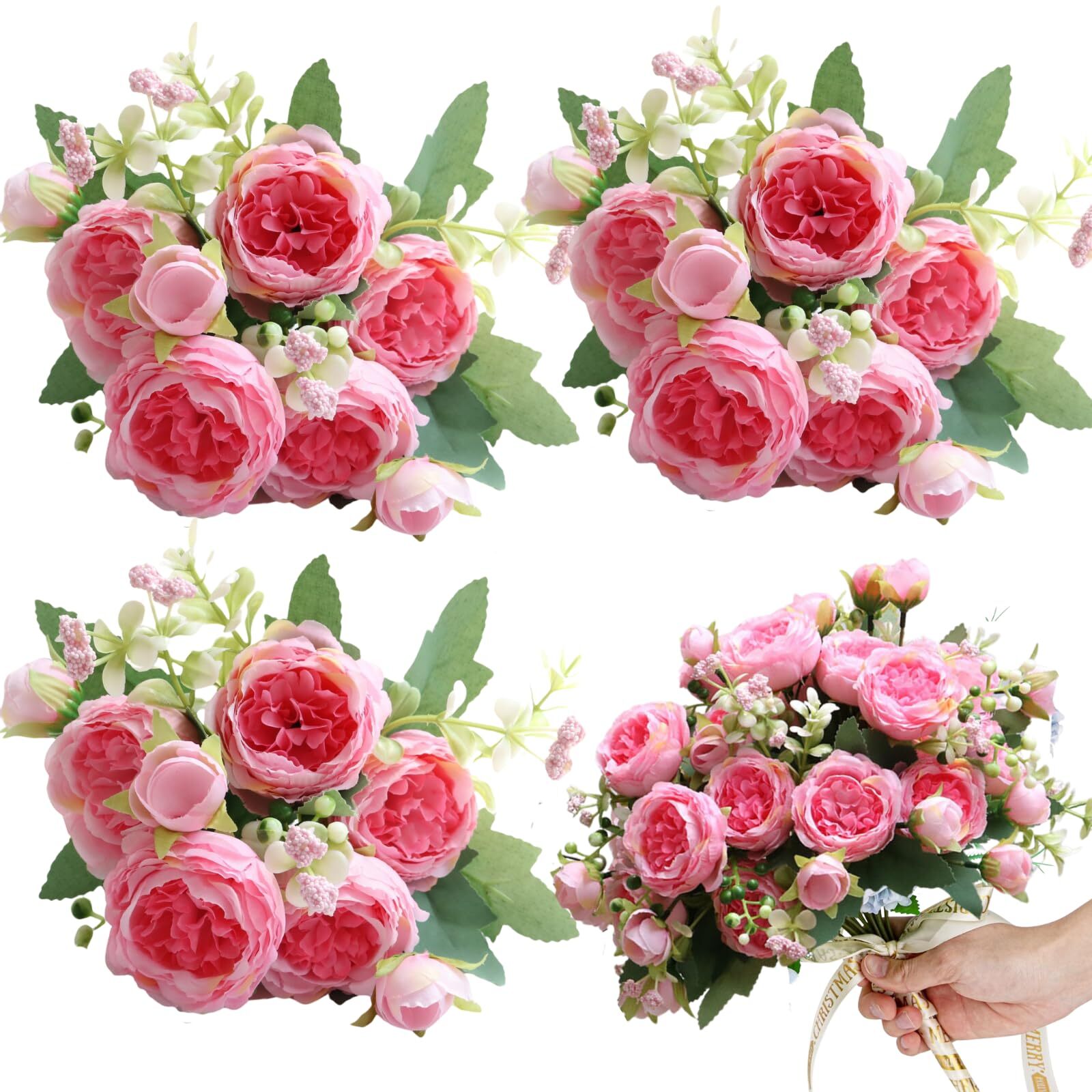 3 Pcs Pink Peony Artificial Flowers Faux Peonies Bouquet for Home & Wedding