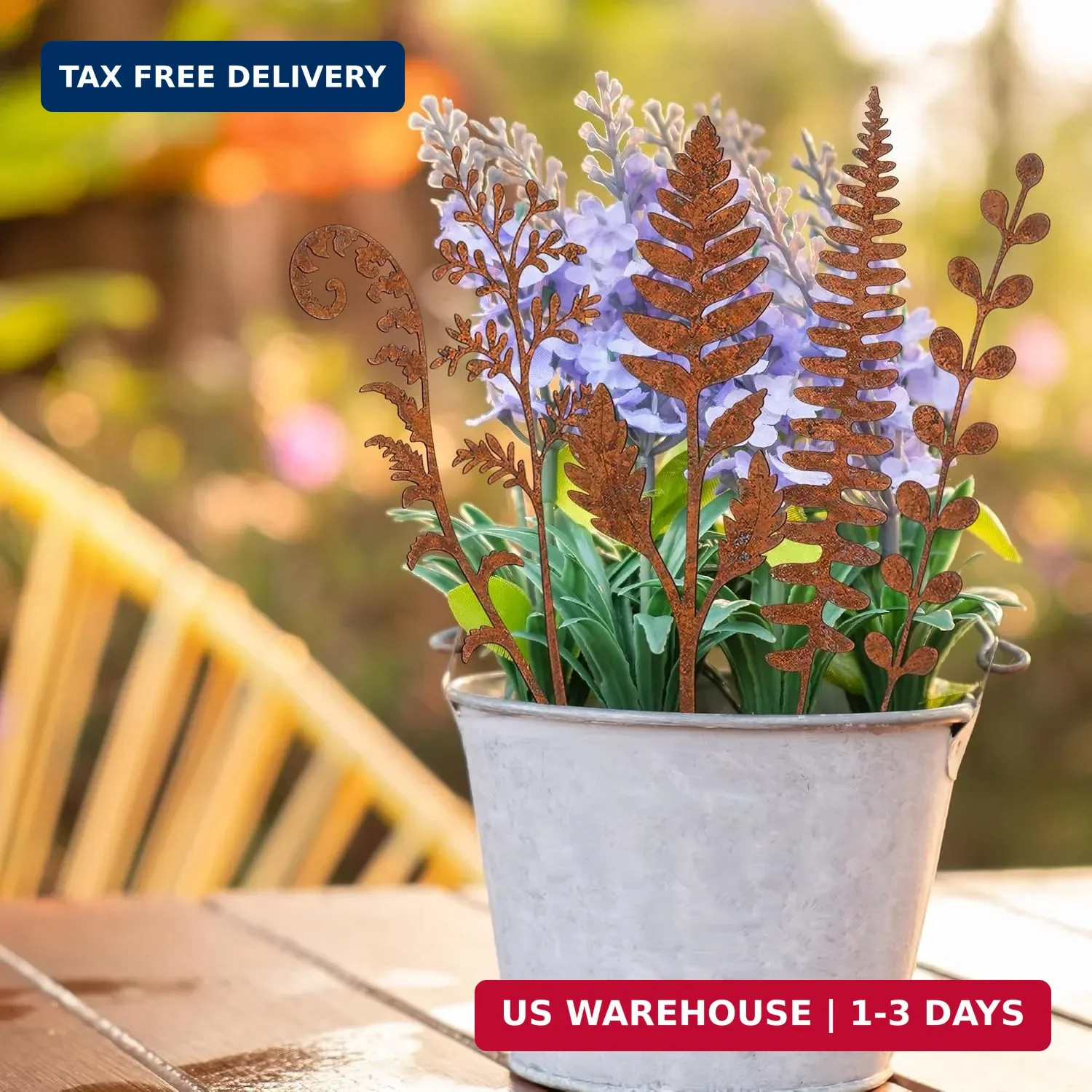 5 Pcs 14.2” Longer Rusty Metal Flowers and Plants, Rustic Metal Fern Leaf Garde