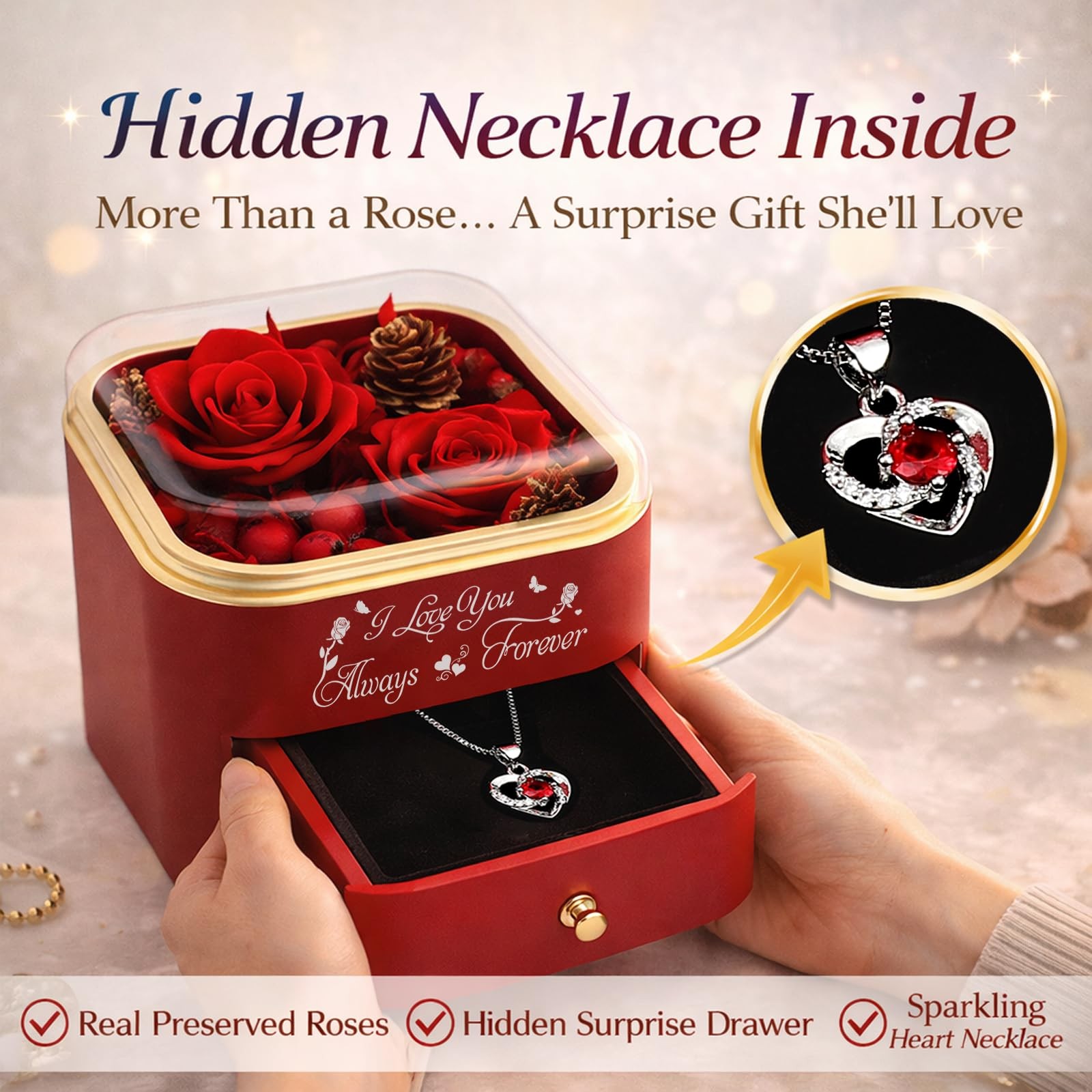 minstely Forever Preserved Rose Gift Box with Hidden Necklace, Romantic Flowe…