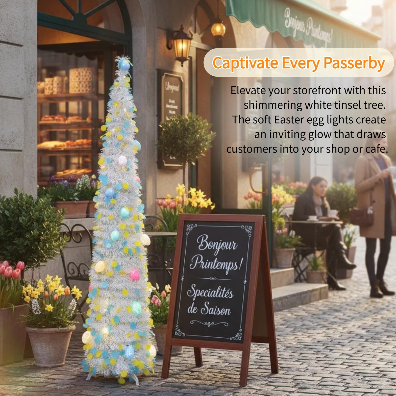 5Ft Lighted Easter Egg Tree 40 LED Colored Lights 20 Eggs Pop Up Tinsel
