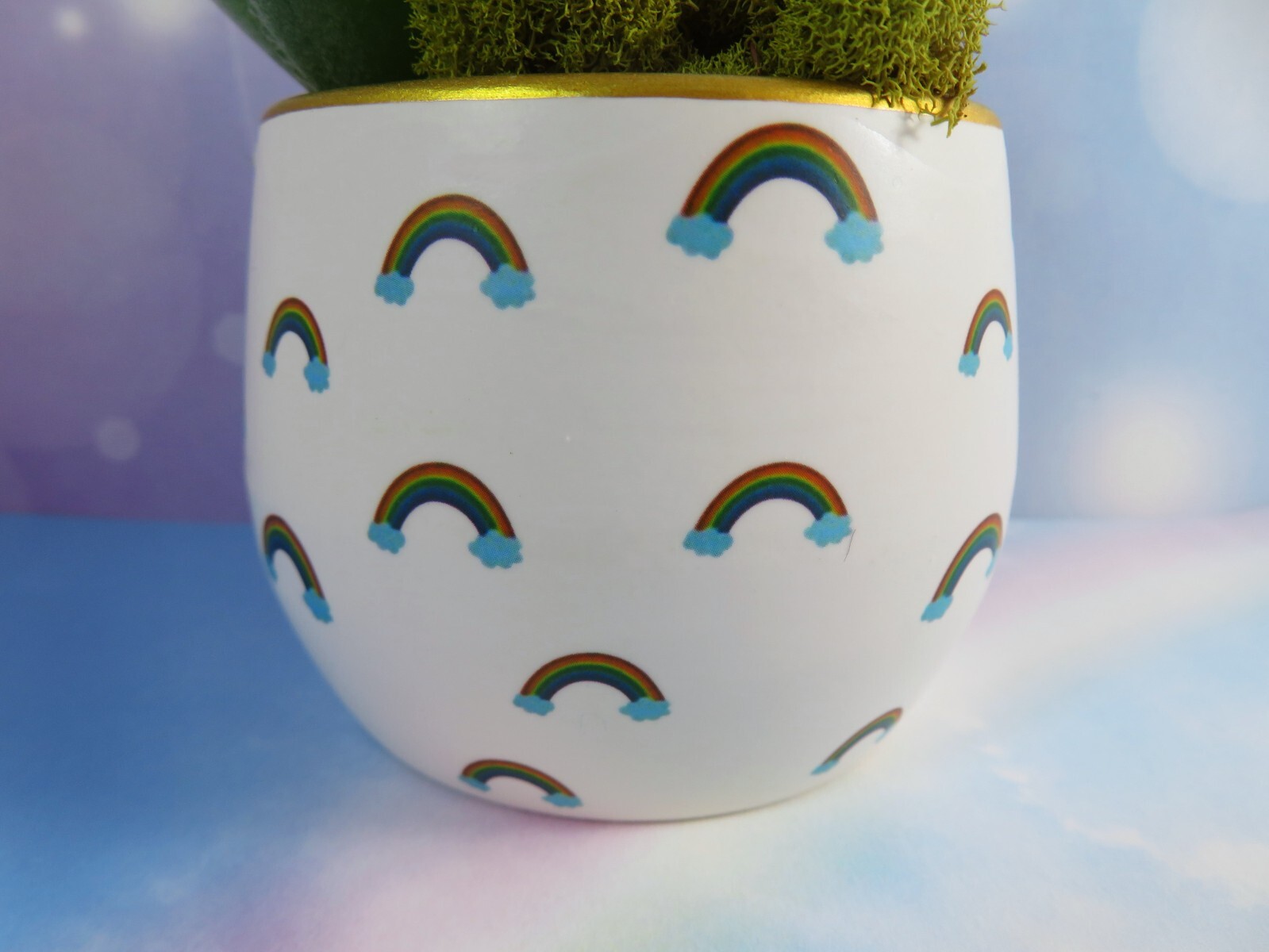 Mini Rainbows Ceramic Planter With Artificial Succulents 2.5 Inch Gold Rim New