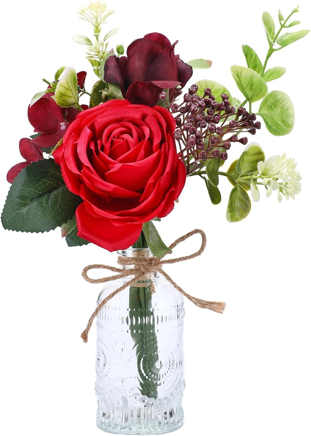 Artificial Flowers with Vase – Small Red Fake Plants Faux Silk Flower Arrange…